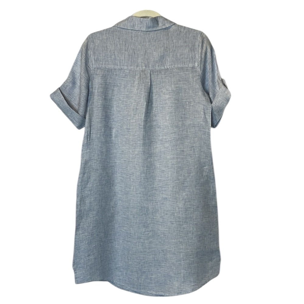 Chelsea & Theodore linen midi roll tab sleeve v neck dress Sz S blue/white - Picture 3 of 10